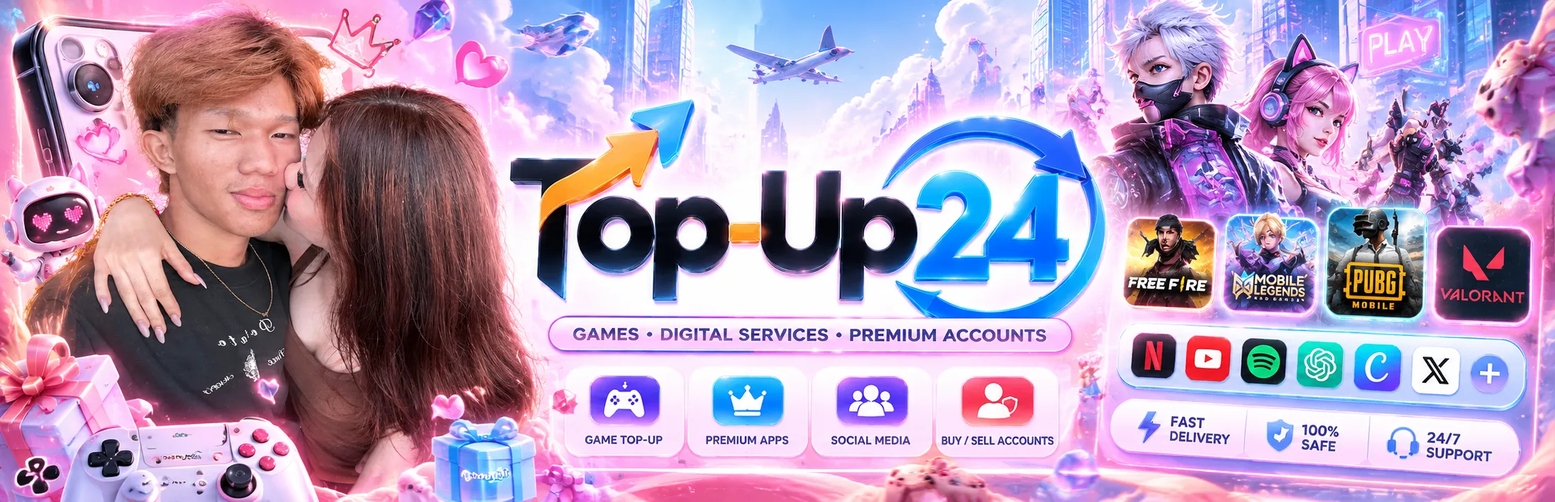 Top-Up24: games, digital services and premium accounts. Free Fire, Mobile Legends, PUBG Mobile, Valorant and more.